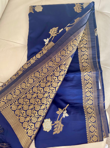 Deep Blue and Gold Soft Silk Saree with Floral Design