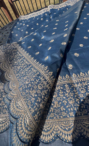 Royal Blue and Gold Tussar Silk Saree with Zari Butta's