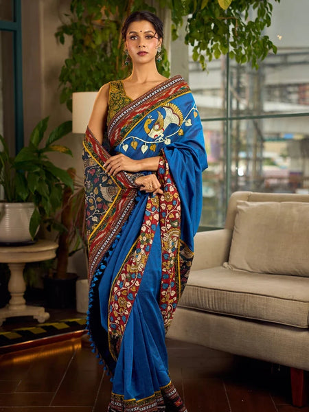 Blue Cotton Saree with Gond Painting & Multicolor Ikat & Kalamkari Border