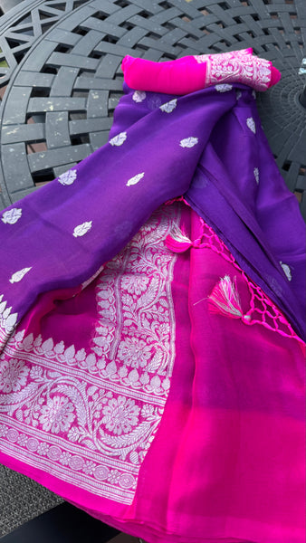 Purple and Hot Pink  Pure Handwoven Khaddi Banarasi Chiffon Georgette Saree