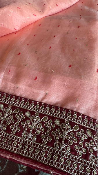 Shade of Peach Pink Handloom Net Silk Saree