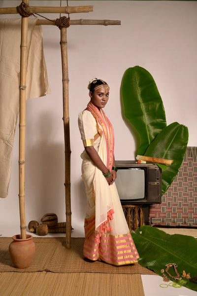 Cream White Cotton Saree with Pink and Golden Striped Border