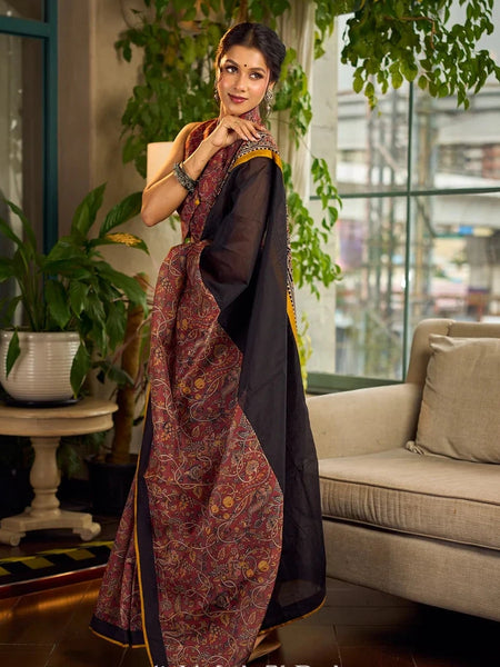 Rust-Brown Chanderi Kalamkari Floral Chanderi Saree with Contrast Black Pallu