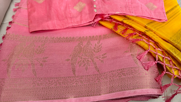 Handloom Yellow and Pink Chanderi Benarasi Silk cotton paired with a woven silk blouse