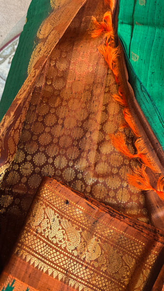 Green and Orange Pure Handloom Raw Gadwal Silk Saree