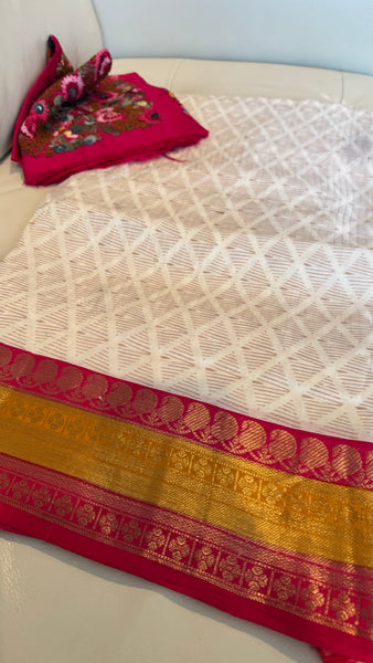 White Soft Silk Saree with French Knots and Kantha Stitch with Zari Border