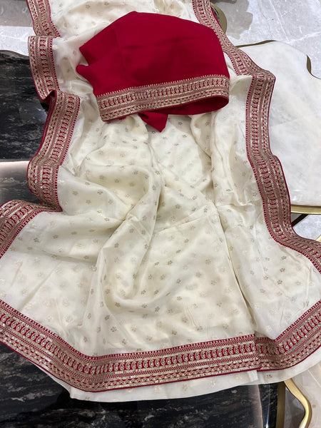 Off-White and Red Georgette Chiffon Zardosi Saree