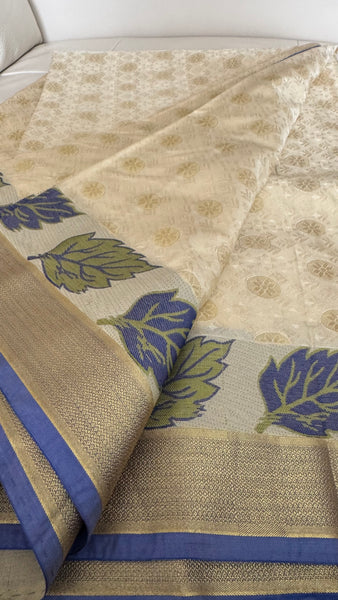 Blended Off White Floral Silk Saree with Blue