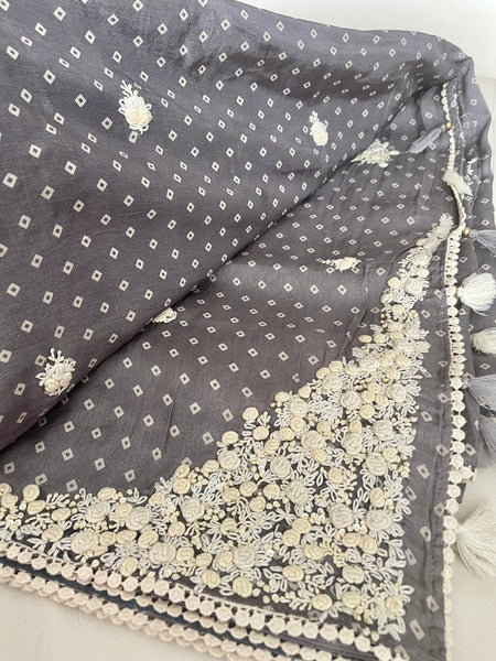 Grey and White French Knot Bandhej Saree