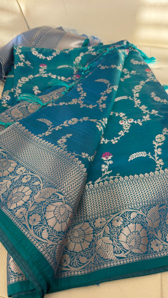 PEACOCK BLUE FLORAL SILK SAREE with SILVER ZARI BORDER