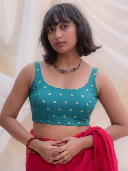 Reversible sleeveless padded U-neck blouse in multicolour printed cotton-viscose with stretchable versatile blouse