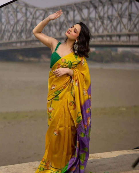 Mustard & Purple Bishnupuri Silk Saree with Handcrafted Floral Motifs