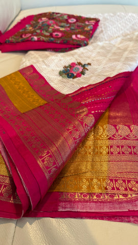 White Soft Silk Saree with French Knots and Kantha Stitch with Zari Border