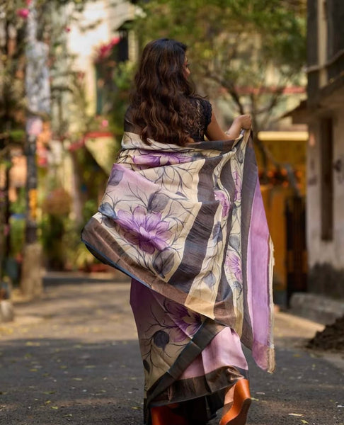Dusty Lavender Tussar Silk Saree with Elegant Floral Print & Zari Border