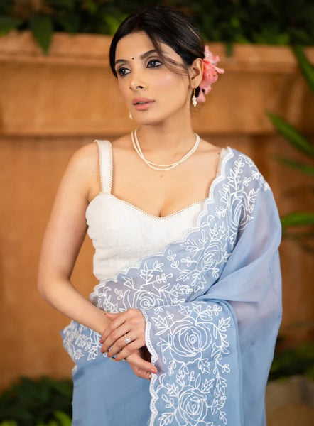 POWDER SKY BLUE ORGANZA SAREE