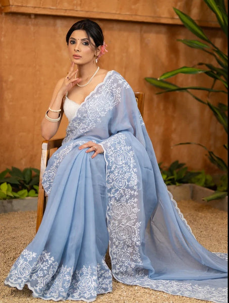 POWDER SKY BLUE ORGANZA SAREE