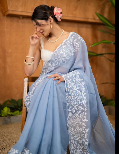 POWDER SKY BLUE ORGANZA SAREE