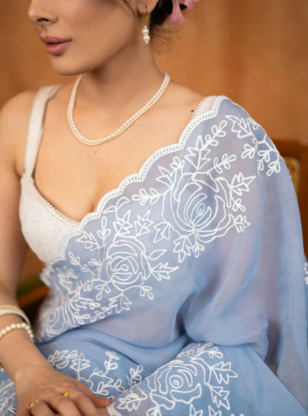 POWDER SKY BLUE ORGANZA SAREE