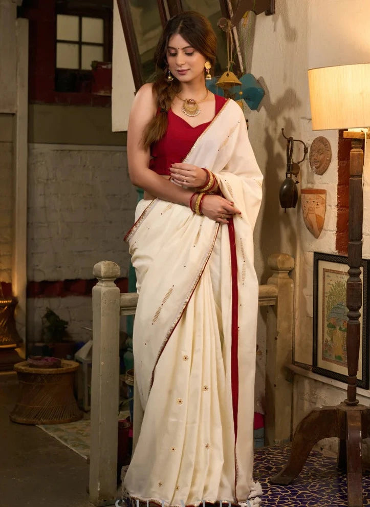 IVORY COTTON SAREE WITH EMBROIDERY