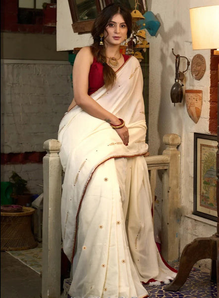 IVORY COTTON SAREE WITH EMBROIDERY