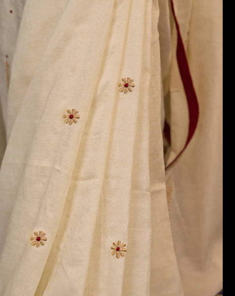 IVORY COTTON SAREE WITH EMBROIDERY