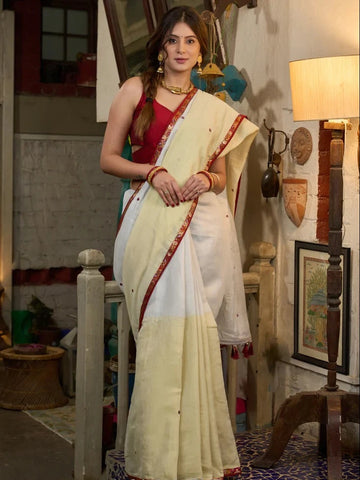 SILVER & GOLDEN LINEN HALF AND HALF SAREE WITH CONTRAST MIRROR WORK