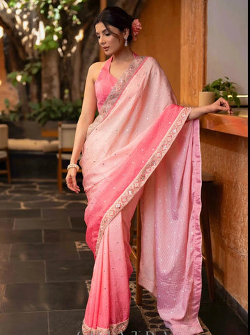 PINK OMBRE GEORGETTE SAREE WITH EMBROIDERY