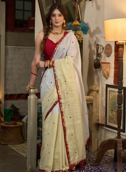 SILVER & GOLDEN LINEN HALF AND HALF SAREE WITH CONTRAST MIRROR WORK