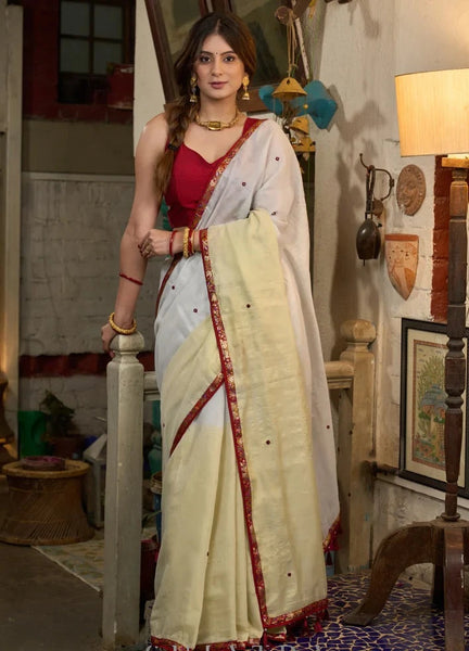 IVORY COTTON SAREE WITH EMBROIDERY