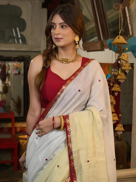 SILVER & GOLDEN LINEN HALF AND HALF SAREE WITH CONTRAST MIRROR WORK