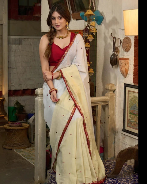 IVORY COTTON SAREE WITH EMBROIDERY