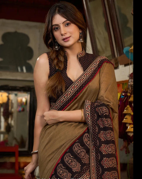 COFFEE BROWN COTTON SAREE WITH AJRAKH COMBINATION WITH SIDE POCKET