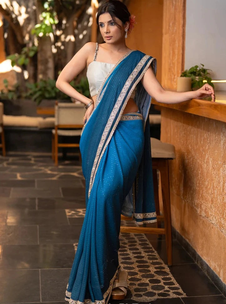 TEAL OMBRE GEORGETTE SILK SAREE WITH SEQUENCE