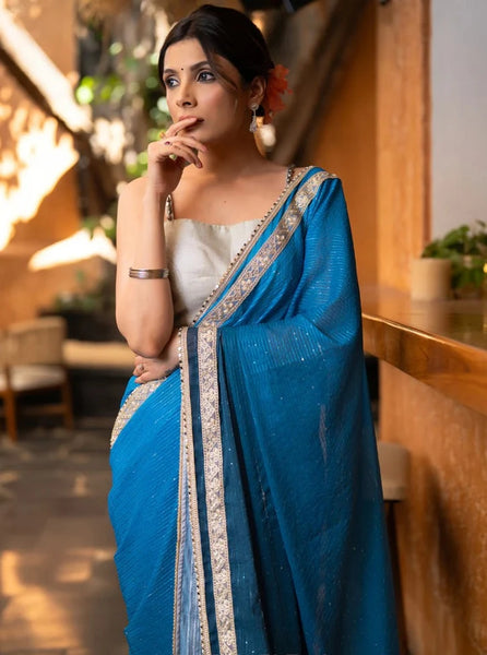 TEAL OMBRE GEORGETTE SILK SAREE WITH SEQUENCE