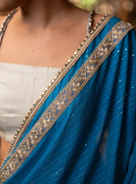 TEAL OMBRE GEORGETTE SILK SAREE WITH SEQUENCE