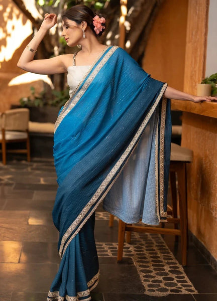 TEAL OMBRE GEORGETTE SILK SAREE WITH SEQUENCE