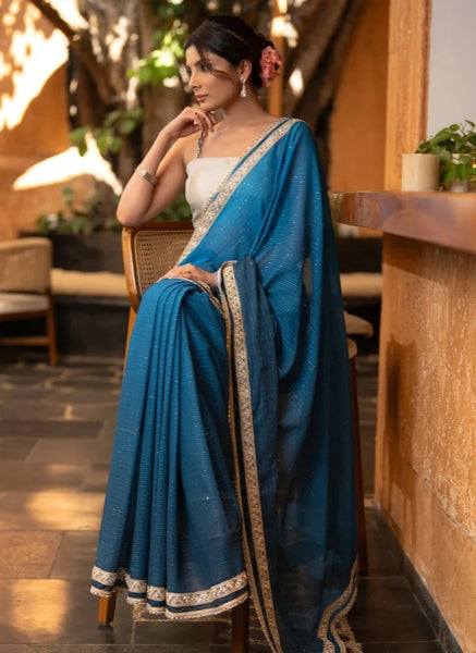 TEAL OMBRE GEORGETTE SILK SAREE WITH SEQUENCE