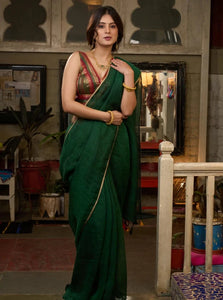 BOTTLE GREEN COTTON SAREE HIGHLIGHTED WITH GOLDEN LACE