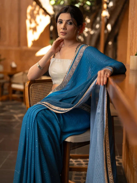 TEAL OMBRE GEORGETTE SILK SAREE WITH SEQUENCE