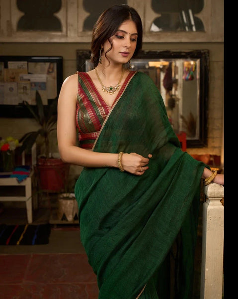 BOTTLE GREEN COTTON SAREE HIGHLIGHTED WITH GOLDEN LACE