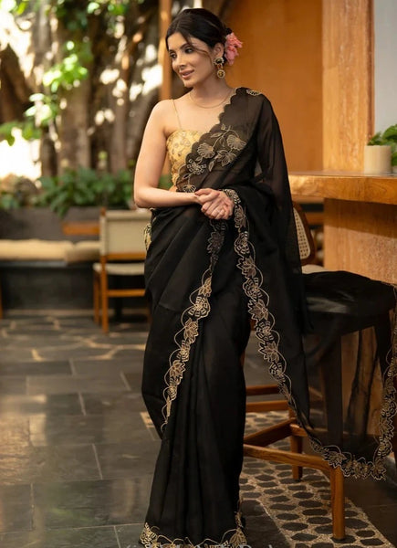 BLACK ORGANZA SAREE WITH FLORAL EMBROIDERY