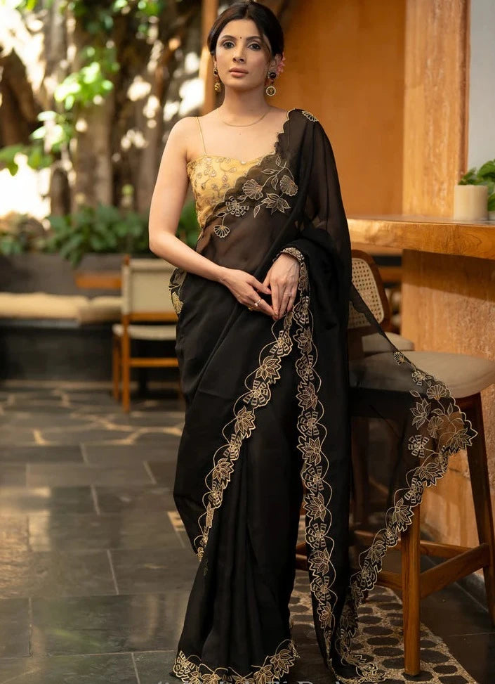 BLACK ORGANZA SAREE WITH FLORAL EMBROIDERY