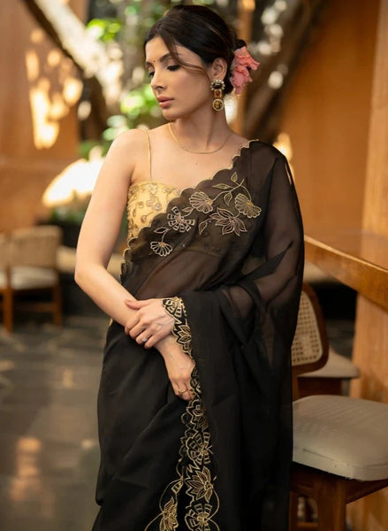 BLACK ORGANZA SAREE WITH FLORAL EMBROIDERY