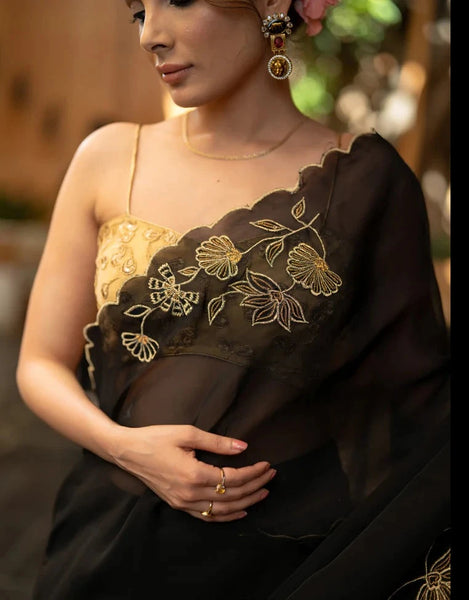 BLACK ORGANZA SAREE WITH FLORAL EMBROIDERY