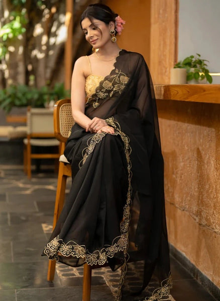 BLACK ORGANZA SAREE WITH FLORAL EMBROIDERY
