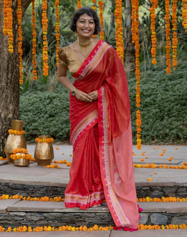 Red Cotton Saree With Detailed Zari Border With Tassels