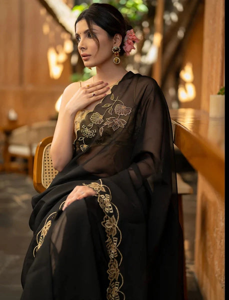 BLACK ORGANZA SAREE WITH FLORAL EMBROIDERY