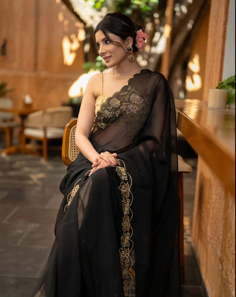 BLACK ORGANZA SAREE WITH FLORAL EMBROIDERY