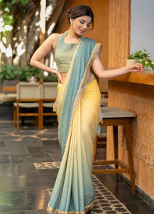YELLOWISH GREEN OMBRE GEORGETTE SEQUIN SAREE WITH LACE