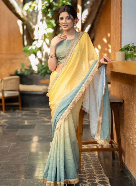 YELLOWISH GREEN OMBRE GEORGETTE SEQUIN SAREE WITH LACE